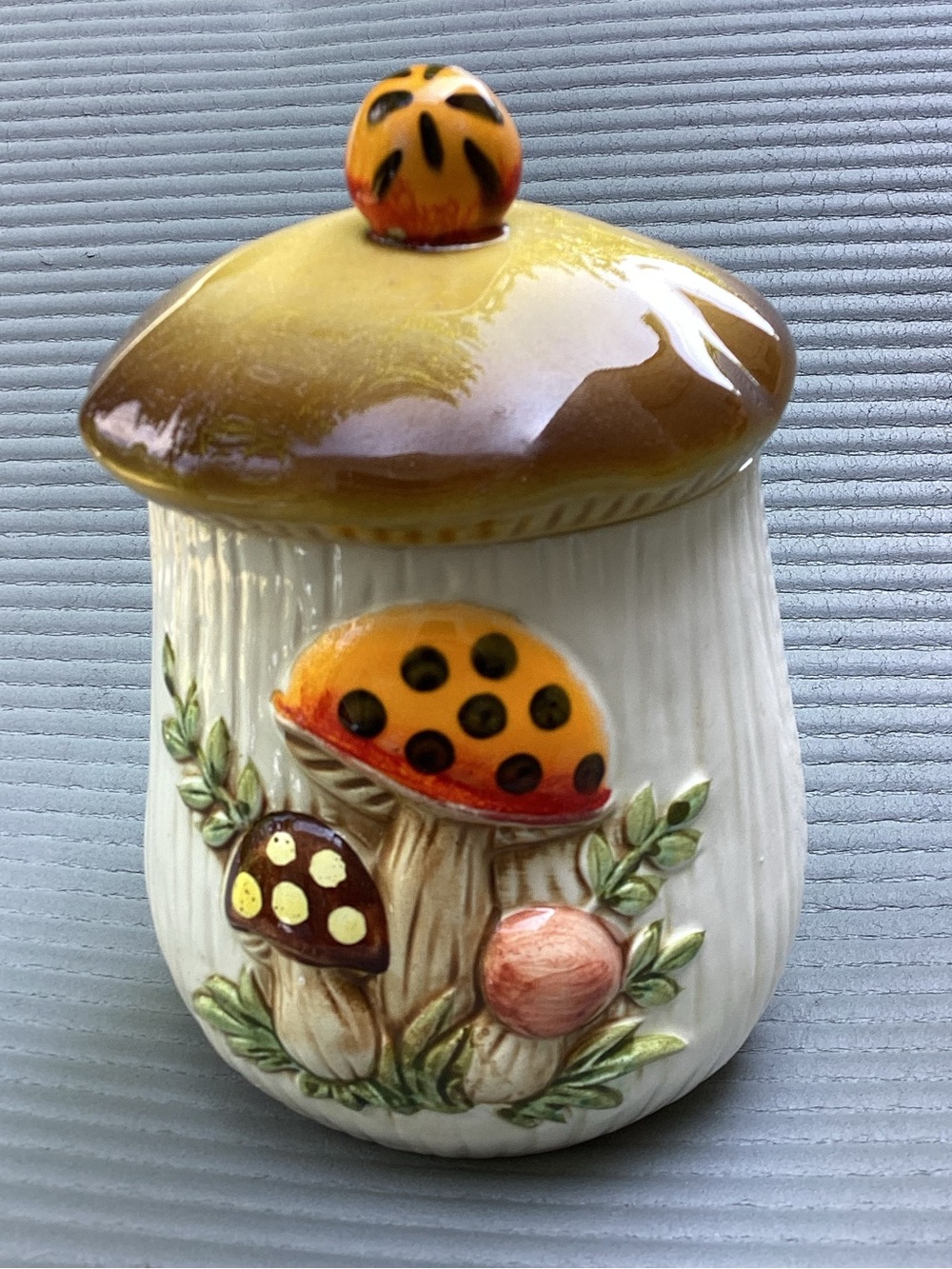 Sears Ceramic Mushroom Canister in Yellow, Brown and Cream